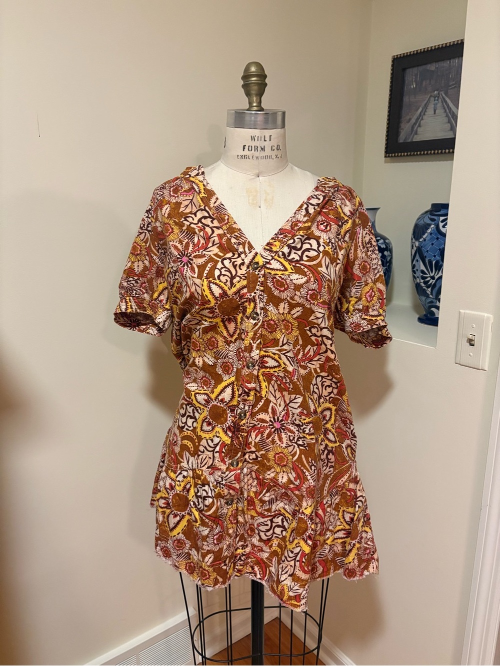 Anthropologie Pilcro Floral V-Neck Mini Dress in Rust, Mustard, White